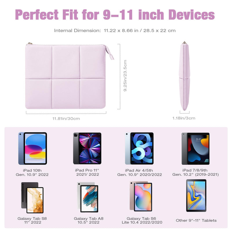 MoKo 9-11 Inch Puffy Tablet Sleeve Bag Fit with New iPad Air/Pro 11 inch, iPad 10th Gen 10.9, iPad Pro 11, iPad Air 4/5th Gen 10.9, Built-in Elastic Band, PU Leather Carrying Case, Light Pink Purple