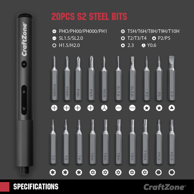 Ultra Mini Electric Screwdriver, Max 0.5N.m, Power Screwdriver with20 S2 Steel Bits, 5/32'' Hex with LED Light, Magnetic Storage, Repair Tool for Electronics, Camera, Laptop(Grey) 20 Magnetic Bits Electric Screwdriver