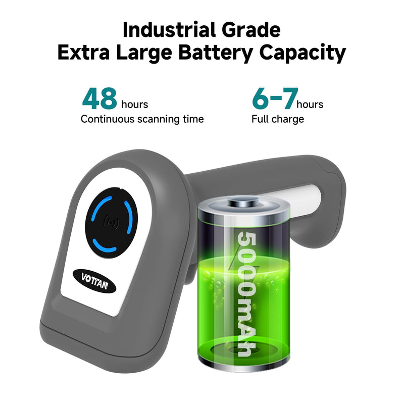 VOTTAN 1D Wireless Barcode Scanner, 5000mAh Battery 36H Continuous Scanning, CCD Sensor Industrial Drop Resistant Handheld Barcode Scanner Gun
