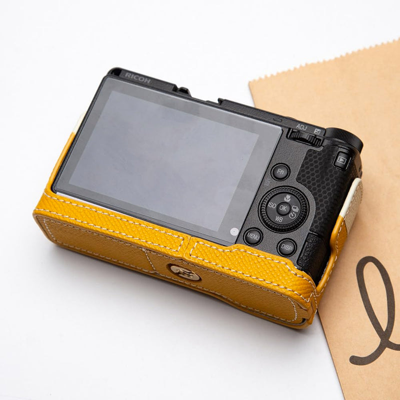 GRIV Genuine Leather Color-Block Camera Case with Shoulder Strap for Ricoh GR IV/GR IV X/GR IV HDF/GR4 Handmade Half Cover (Yellow White-Set) Yellow White-Set
