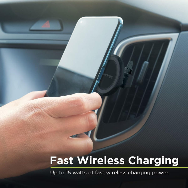 PureGear MagSafe Compatible Qi-Certified Fast Magnetic Wireless Round Car Charger for iPhone 17, Air,16,15, 15 Pro, 14, 14 Pro Max, 13, 12, Qualcomm Car Charger, Charging Cable, AirVentClip+Dash Mount