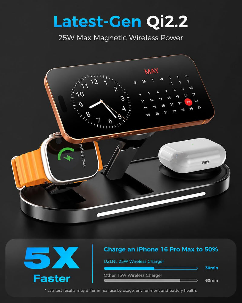 25W 3 in 1 Wireless Charging Station for Qi2.2 Magsafe Charger for Apple | for iPhone 17 16 15 14 Pro Max,Apple Watch,Airpods,Foldable Charging Stand, Cooling Fan, Multi Device Charging, Travel, Black