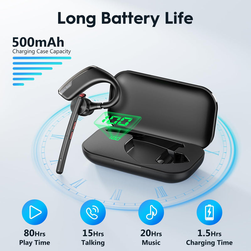New Bee Bluetooth Headset, Dual Mic Noise Cancelling Bluetooth Earpiece | 80h Playtime, 500mah Charging Case,Crystal-Clear Calls, Bluetooth 5.2 Hands-Free Earphones for Office Driver 1 PACK