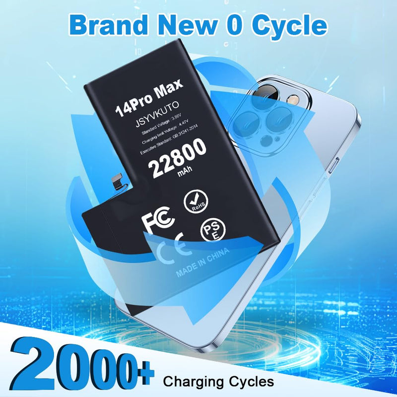 22800mAh Battery for iPhone 14 Pro Max, New 0 Cycle Upgraded Higher Capacity Replacement Battery for iPhone 14 Pro Max with Full Set Repair Tool Kit, Model A2894, A2651, A2893, A2895 14Promax-22800