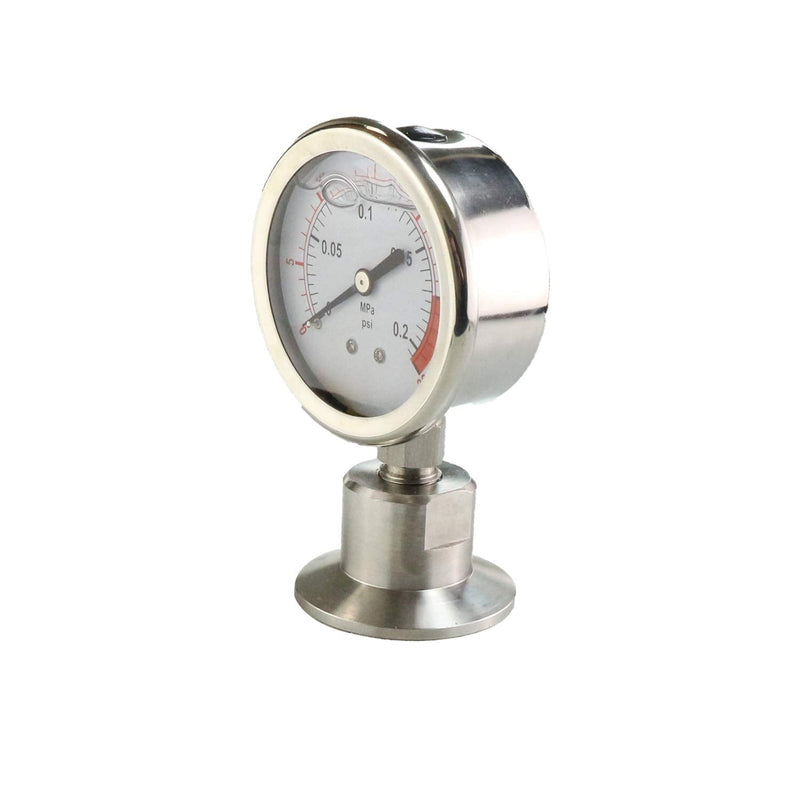 Stainless Steel 2.5" Dial Sanitary Pressure Gauge, Glycerin Filled. 0-30 PSI Range, 1.5" Tri Clamp Bottom Mount