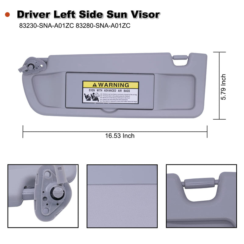 NHILES Clear Gray Left Side Sun Visor Compatible with Honda Civic 2006 2007 2008 2009 2010 2011 Replaces# 83280-SNA-A01ZC 83230-SNA-A01ZC Light Gray Left Driver Side