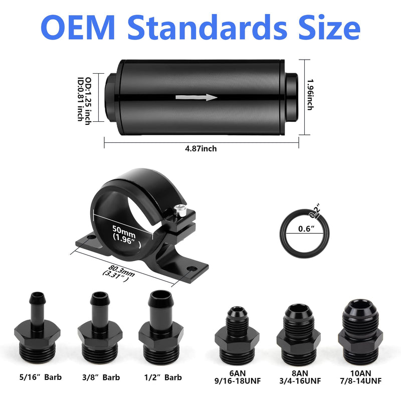 10 Micron Inline Fuel Filter with 6AN 8AN 10AN Adapter(6pcs), Barb 1/2", 3/8", 5/16" Fitting Adapter (6pcs),Bracket Clamp 50MM Universal, 10 Micron Filter Element Replacement 10 Micron 15pcs