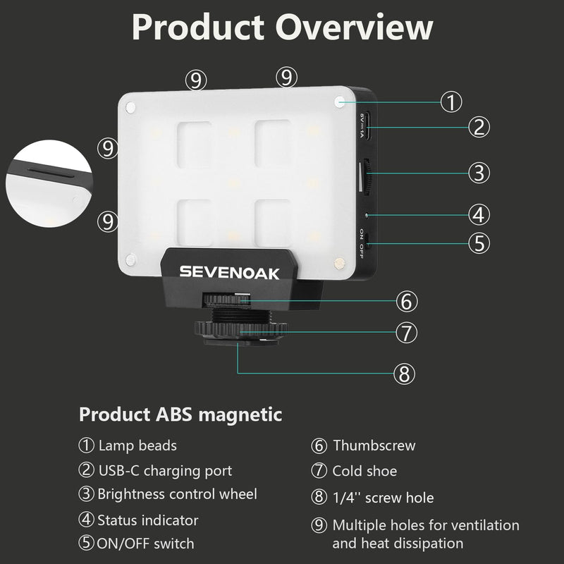 Sevenoak SK-L3 RGB Video Light, Built-in 1800mAh Rechargeable Battery for Professional DSLR Cameras, Photo Video, 9 Lamp LED Camera Light 4 Full Colors, CRI≥95 5500-6000K LED Video Light Panel (Black)