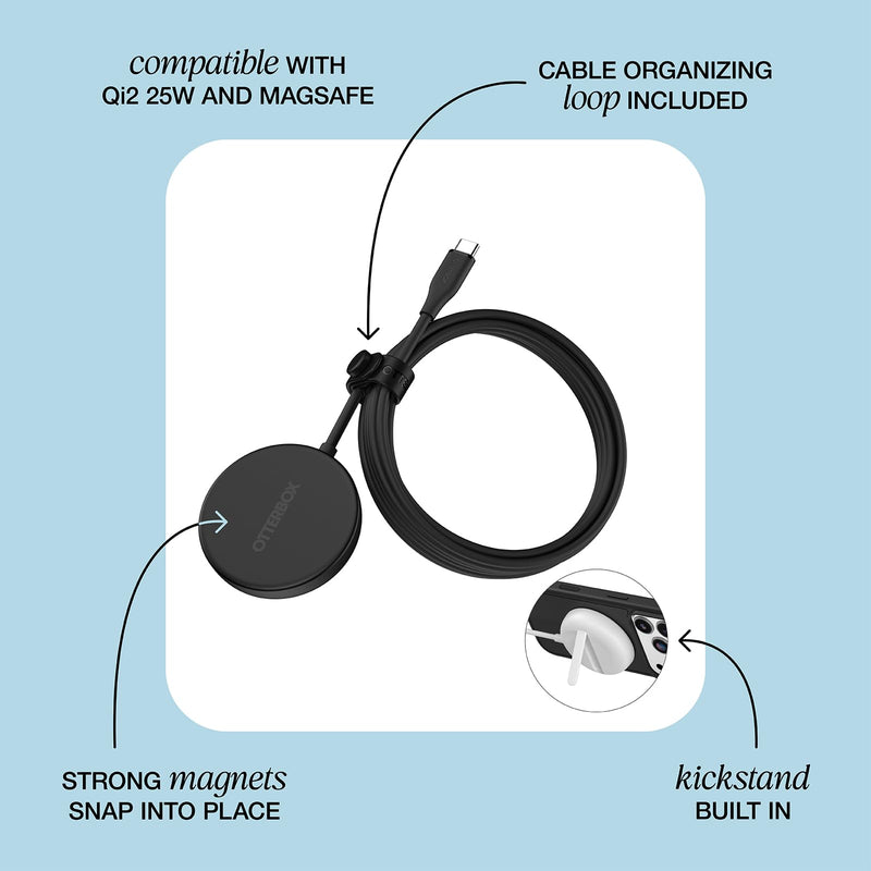 OtterBox Compact Wireless 25W Charging Pad - Black | MagSafe & Qi2 Compatible Charging Pad w/ Kickstand