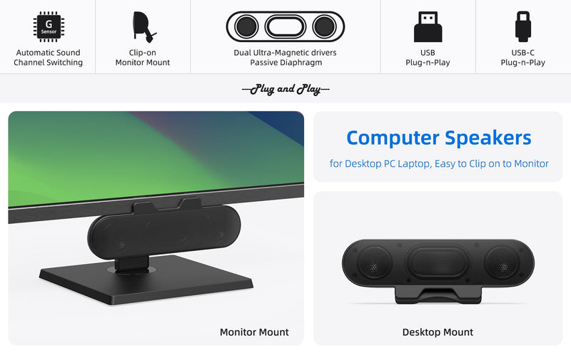 Computer Speakers for Desktop PC Monitor, External Speakers for Laptop, USB-Powered, Plug-n-Play, Wired, Clip-On, Small Computer Soundbar for PC, with Loud Sound, Rich Bass, G-Sensor, USB-C Adapter