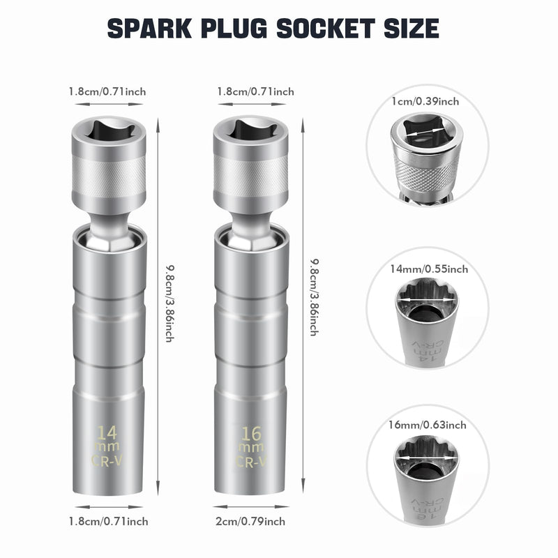 14mm&16mm Spark Plug Socket, 5/8 Spark Plug Socket Swivel for Maximum Flexibility, Thin Wall 12 Point Spark Plug Socket Set with Magnetic Design for Most Car Models