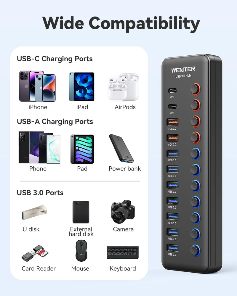 Powered USB 3.0 Hub, Wenter 48W 11-Port USB Hub Splitter (7 Faster Data Transfer Ports+ 4Pcs QC Charging Ports) with Individual LED On/Off Switches, USB Hub 3.0 Powered with Power Adapter 7+2+2