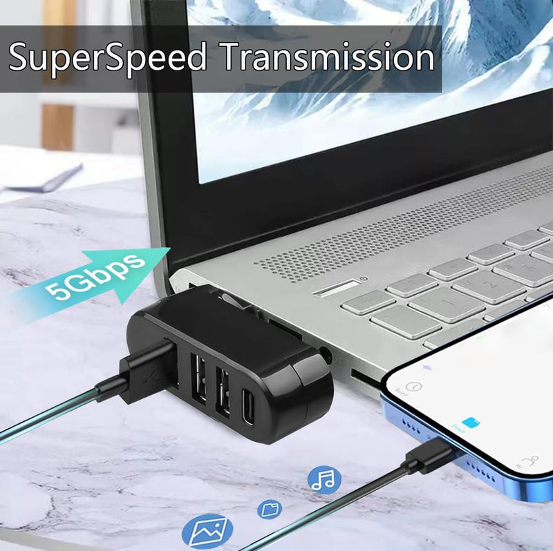USB 3.0 Hub [90°/180° Degree Rotatable], 4-Port USB Splitter Extender with 3 USB Ports & 1 USB C Power/Data Port, USB Hub for Laptop, Car, MacBook Pro/Air/Pro USB Hub 4-Ports