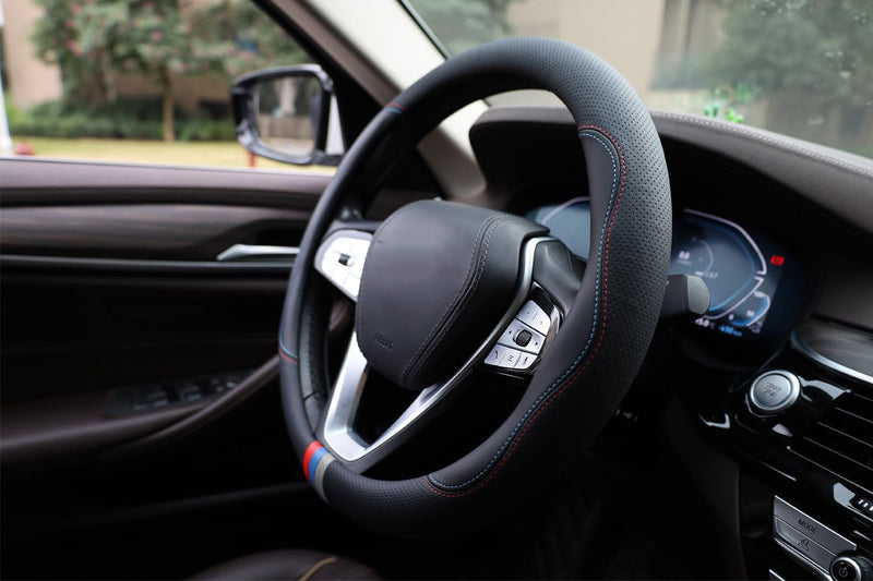  [AUSTRALIA] - Car Steering Wheel Cover for BMW X3 X5 X7 3 5 Series 328i 528i 535i 530i 540i 320i 330i 325i X1 X2 X4 X6 1 2 4 6 7 8 Series e90 e60 f30 Accessories, 2026 Leather Black (Red Blue)