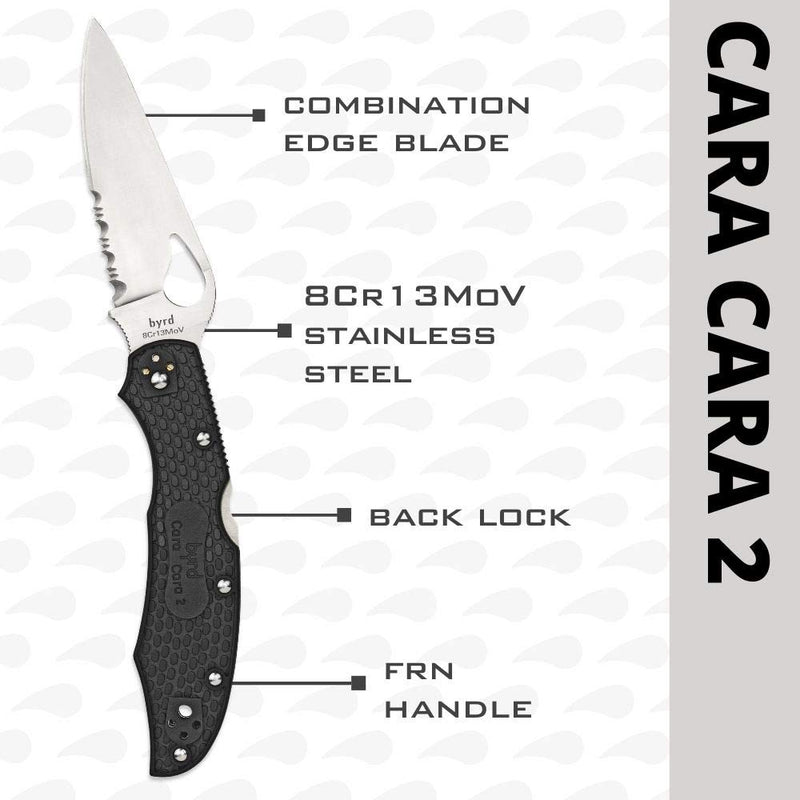 Spyderco Byrd Cara Cara 2 Lightweight Folding Knife, CombinationEdge | Black, 8.5" Overall Length, 3.77" 8Cr13MoV Steel Blade, FRN Handle, Back Lock, Full-Flat Grind