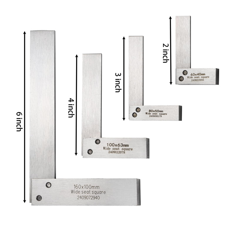 Machinist Square Set 2, 3, 4, 6 Inch, Mechanical Engineer Hardened Steel High Precision Squares, 90 Degree Wide Base Square Tool L-Type Right Angle Ruler Tool for Woodworking