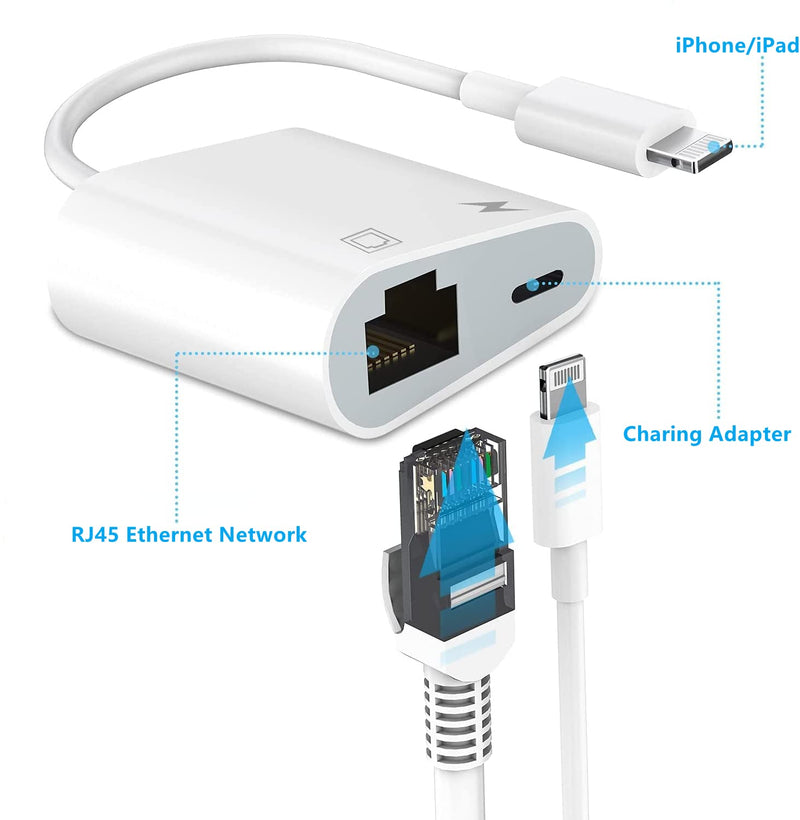 Lightning to Ethernet Adapter with Charging for iPhone/iPad [Apple MFi Certified] 2 in 1 RJ45 Ethernet High Speed iPhone LAN Network Adapter Support 100 Mbps Ethernet Network Lightning to Ethernet Adapter