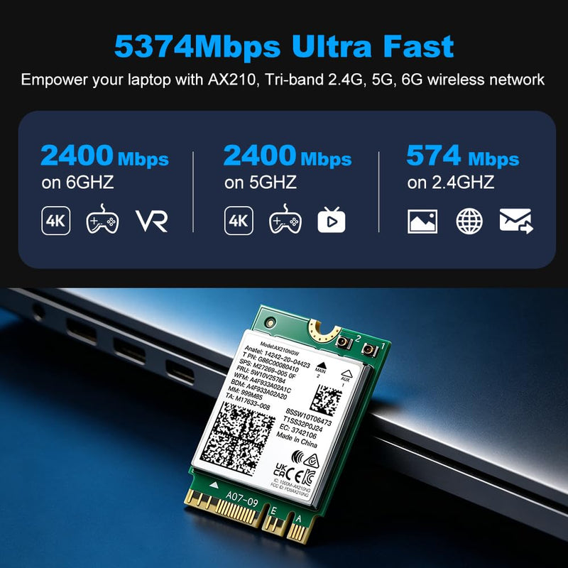 WiFi 6E AX210NGW M.2 Card, 6GHz Low Latency Gaming Streaming, Windows 10/11 | NGFF M.2 Key A+E, Up to 5400Mbps Ultra-Fast, Tri-Band 2400/2400/574Mbps, Bluetooth 5.4, WPA3, Easy Setup for Laptop Upgrade