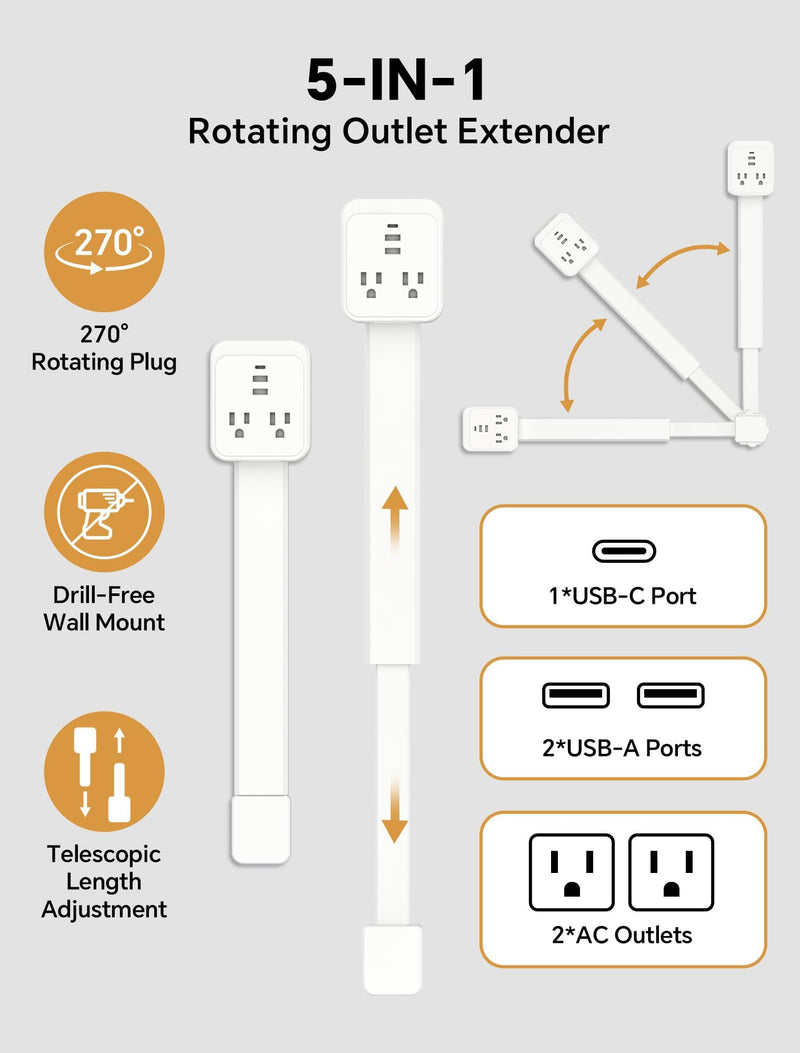 Outlet Extender Stick 17.2''–25.8'' Adjustable with USB C & 2 USB Ports, Electrical Outlet Extender with 2 AC Outlets, Flexible Rotat Plug for Multi-Angle Use in Home, Office, RV Tight Spaces White
