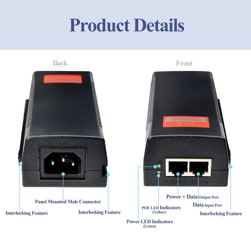 Revotech Gigabit 90W PoE++ Injector 54-56V Adapter, 10/100/1000Base-T IEEE 802.3bt PoE Standard Active POE+, Plug and Play for Wireless Access Points/PTZ/Videophones Gigabit 90W Black