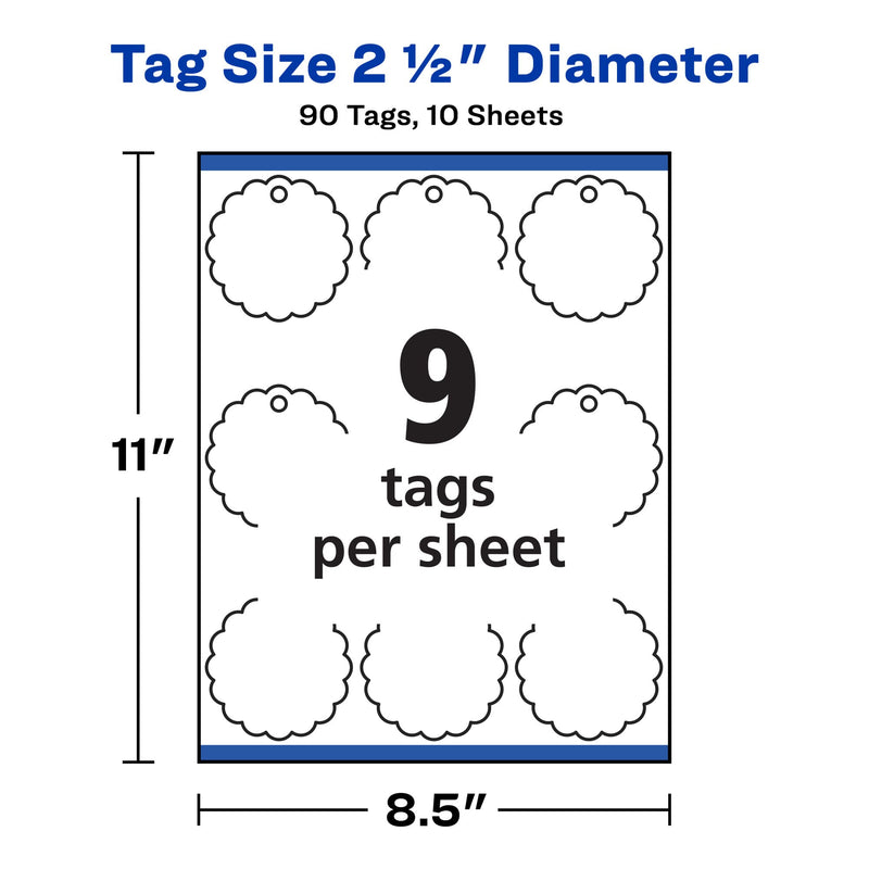 Avery Printable Blank Scallop Round Gift Tags with Sure Feed, 2.5" Diameter, Textured White, 90 Customizable Tags (80511) 90 Tags