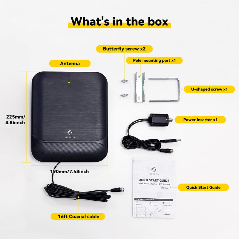 Digital TV Antenna for Smart TV Indoor & Outdoor, 55 Miles Amplified HDTV Antenna with Signal Booster, Reception for Local Channels 8K 4K 1080P HD VHF UHF, with 16ft Coax Cable