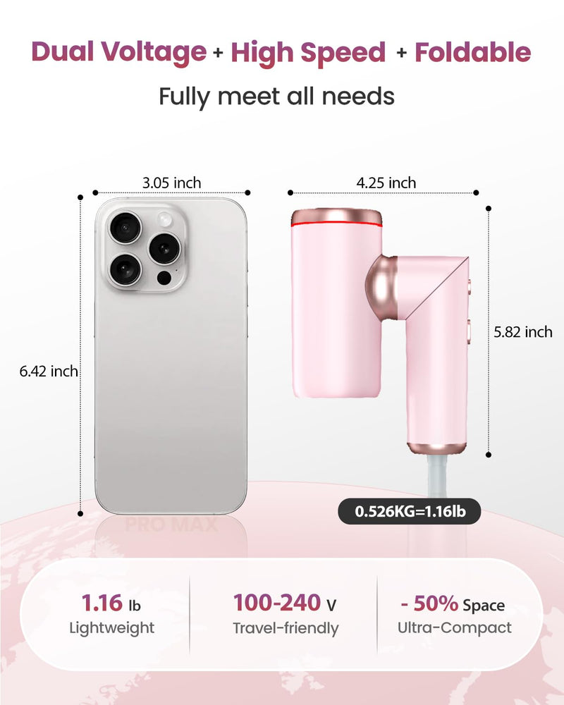 [AUSTRALIA] - Travel Hairdryer Dual Voltage-Foldable Hair Dryer Mini with Magnetic Diffuser Fast Drying, Portable Ionic Pink Hairdryers for Women,1300W, 100-240V, High-Speed