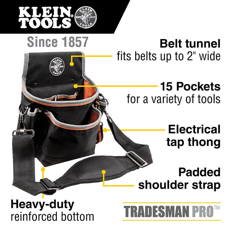 Klein Tools 5243 Tradesman Pro Tool Pouch with Padded Shoulder Strap, Reinforced Bottoms and Electrical Tape Thong, 15-Pocket 15-Pocket Pouch