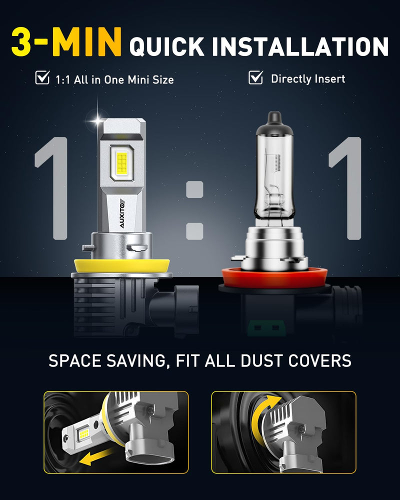 AUXITO H11 9005 LED Bulbs, 900% Brighter HB3 H8 H9 Light Bulbs, Plug N Play, Long Lifespan, No Flicker 99% Compatibility, 4PCS 9005+H11