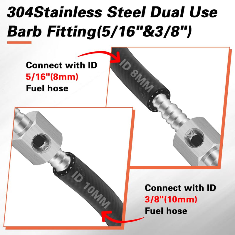 1/8" NPT Fuel Pressure Gauge Kit, 0-15psi Fuel Gauge, 1/8" Back Mount, Glycerin Filled Pressure Gauge with 2-Way Barbed Hose Fitting, Dual Use 5/16"(8mm) to 3/8"(10mm) Barb Fitting(304SS)