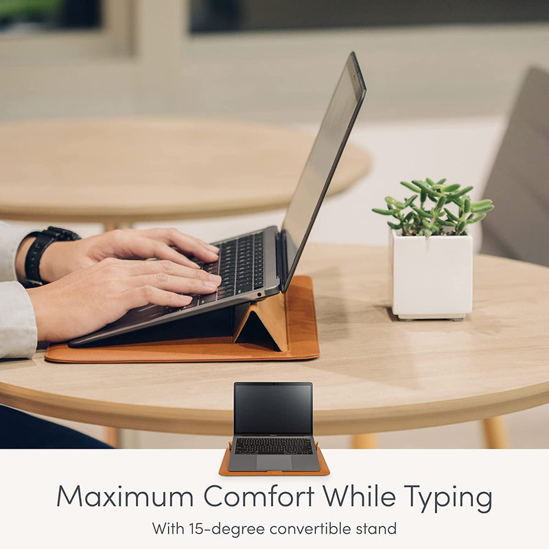 Moshi Muse 14 inch Laptop Sleeve Bag Compatible with 13”/14" MacBook Air, MacBook Pro M1/M2 2018-2022, Adjustable Stand and Expandable Storage, Ultra-Slim Premium Leather Laptop Case, Seashell White