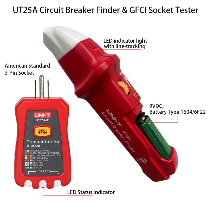 UNI-T UT25A Digital AC Circuit Breaker Finder and Tracker Kit with Electrical Integrated GFCI Outlet Socket Tester, Working on AC 90-120V, Adjustable Sensitivity Buzzer Indication, Flashing LEDs UT25A For AC 90-120V