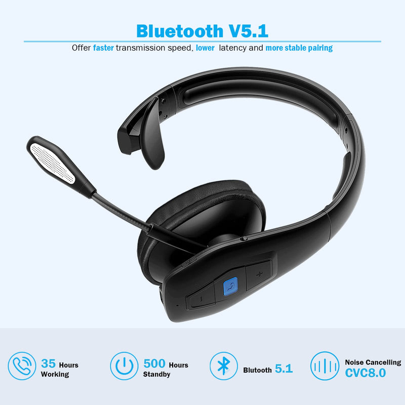 Conambo Bluetooth Headset V5.1, Trucker Bluetooth Headset with CVC8.0 Dual Mic Noise Canceling & Mute Button & 60 Hrs Workingtime Wireless On-Ear Headphones for Trucker Home Office Work Cell Phones