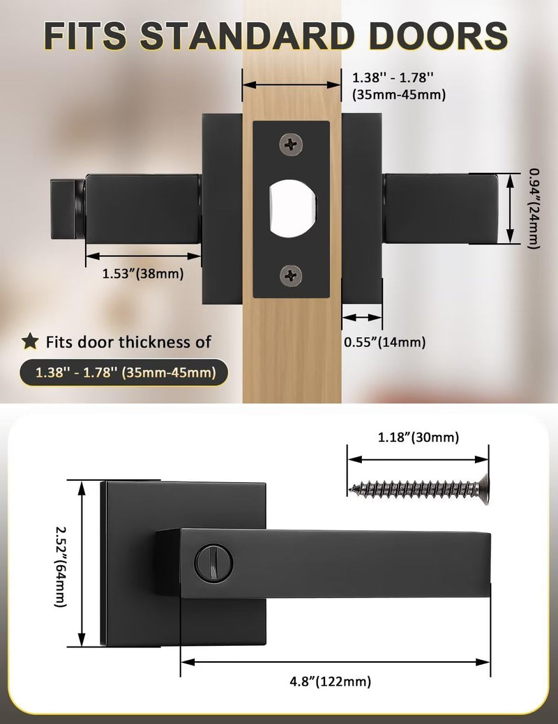Tinewa 1 Pack Square Privacy Door Levers Locksets in Matte Black Finish, Bed/Bath Door Levers Keyless Interior Handles,Reversible for Left Right Handed Doors Privacy Door Lever - Black