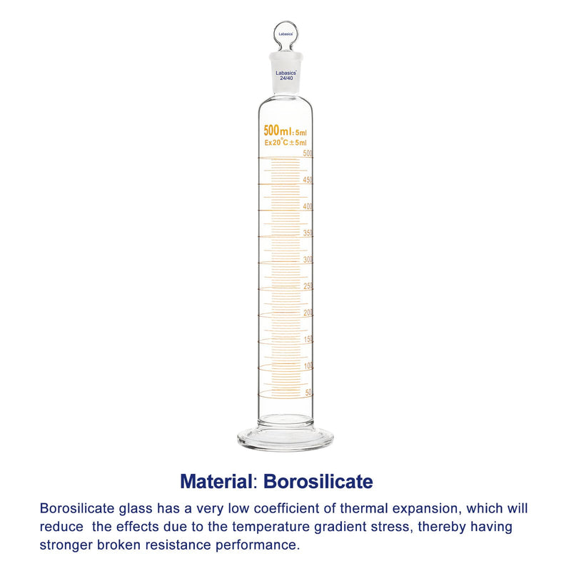 Labasics Graduated Cylinder with Stopper, 500 ml Borosilicate Glass Measuring Cylinder with 24/40 Standard Ground Joint Stopper, Durable Laboratory Glassware for Accurate Liquid Measurement