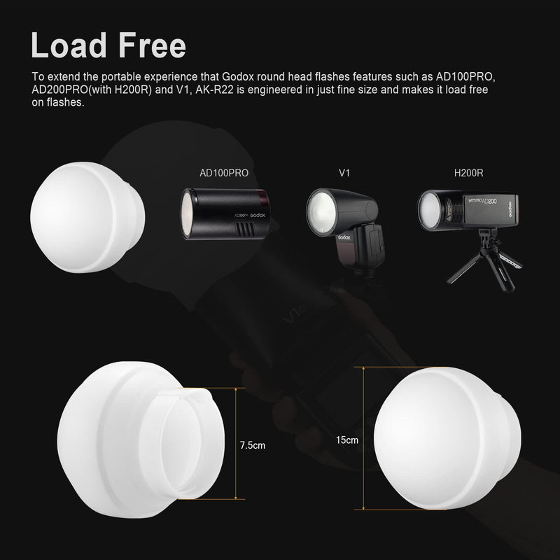 Godox AK-R22 Diffusion Dome, Collapsible Flash Diffuser Suitable for Godox V1 V1Pro V100 Series Round Head Flash, Godox AD100Pro Godox AD200Pro(with H200R) Pocket Flash