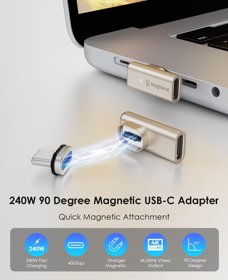 240W Magnetic USB C Male to USB C Female Adapter 90 Degree Right Angle, Type C Adapter Extender, 40Gbps 4K Video for Thunderbolt 3/4 USB4 Steam Deck, ROG Ally, Switch, PC, Tablet, iPhone 15 1 Pack 240W Right-40Gbps
