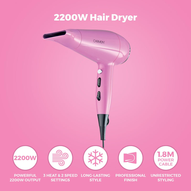 Carmen Hair Dryer with Concentrator Nozzle, Three Heat Settings, 2 Speed Settings, 2200W, Pink, C81247PNK