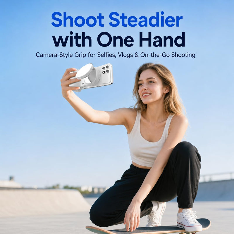 Magnetic Phone Camera Grip Creator Kit with Selfie Light & Wireless Shutter | Creator kit for steadier selfies, videos, TikToks, Zoom calls, and product shots with adjustable light and remote shutter. White