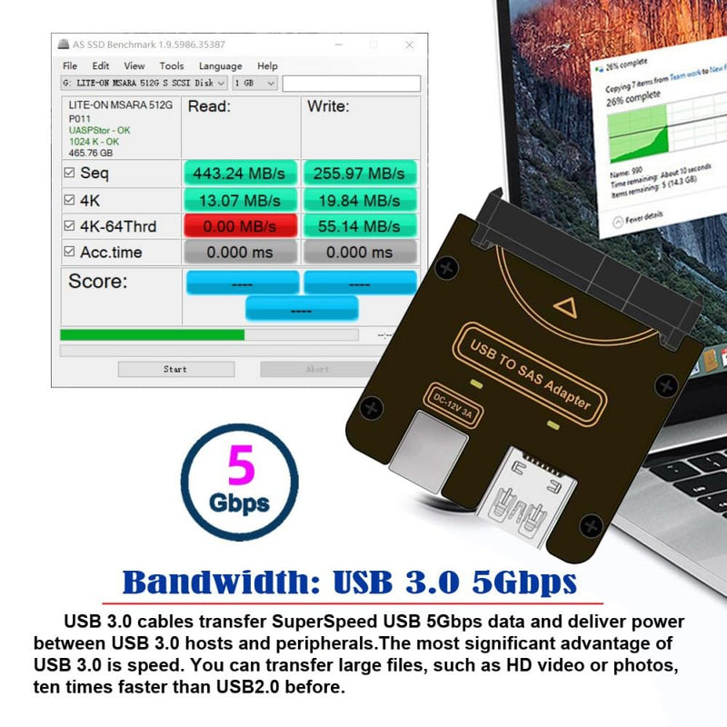 cablecc 29Pin SFF-8482 SAS to USB 3.0 5Gbps Hard Disk Drive Raid Adapter with Chipset and Power Port (Need 12V/3A Power Supply) SFF-8482 to USB3.0 cable with power supply
