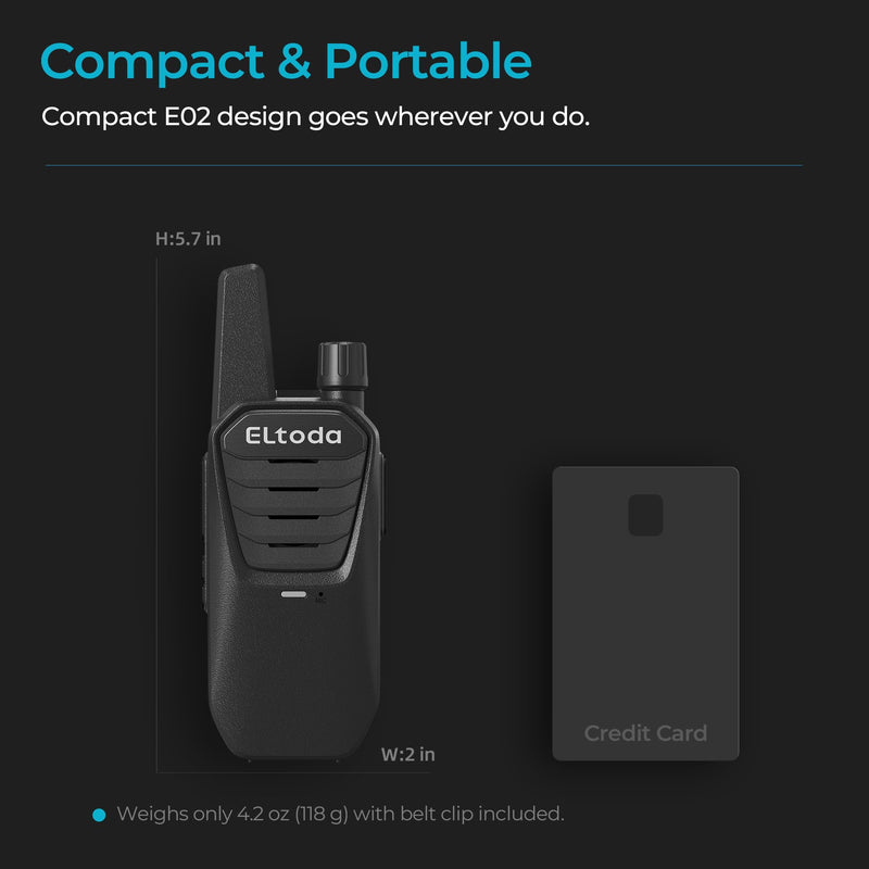 E02 Portable Walkie Talkies for Adults Rechargeable Two Way Radio | FRS License Free, Vox Hands-Free, Keylock, USB-C Charging, 16 Channels, Lightweight, Compact, Woring, Cruise, Hiking, Camping 2 Pack
