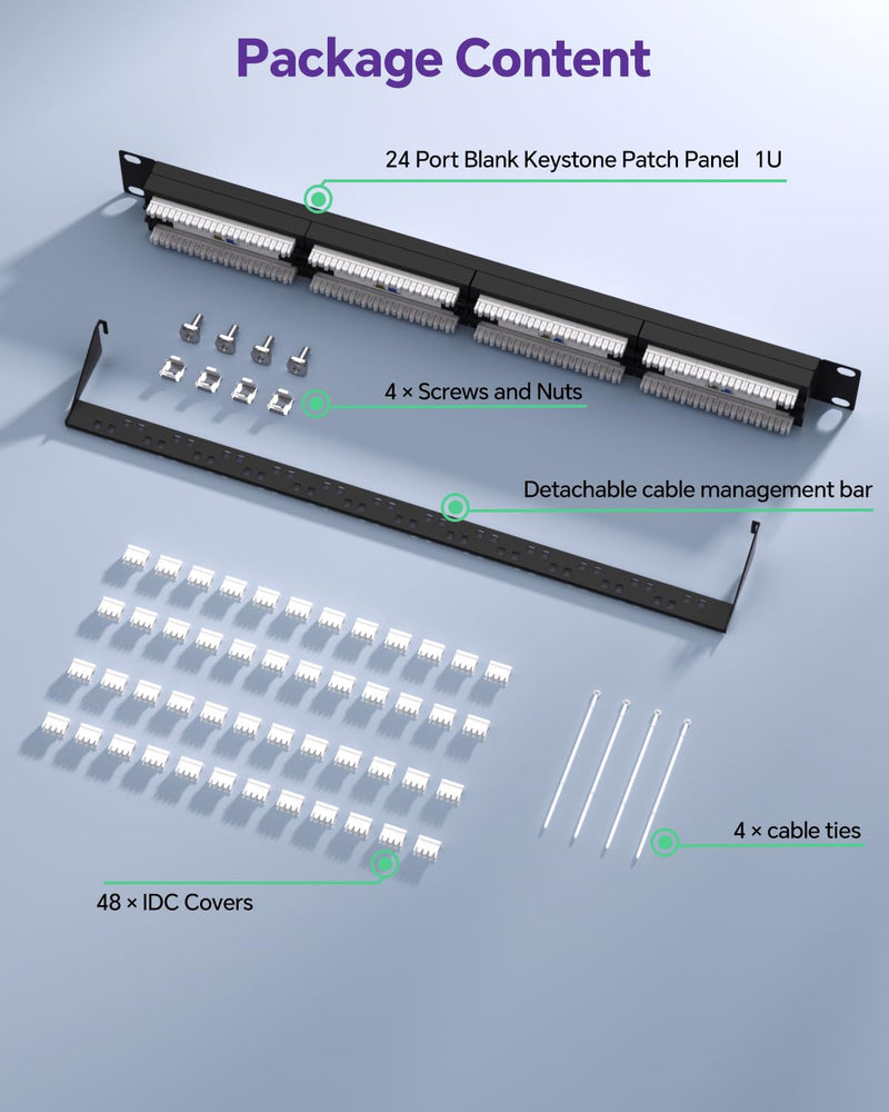 VCELINK 24-Port CAT6 Unshielded Patch Panel with Dust Cover, 1U RJ45 Rackmount Panel with Detachable Cable Management Bar for CAT5/5E/6 Cabling