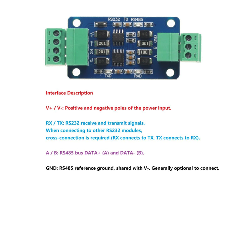 Industrial RS232 to RS485 Converter, Bidirectional Serial Communication Adapter Module with Terminal Block for PLC Modbus RTU