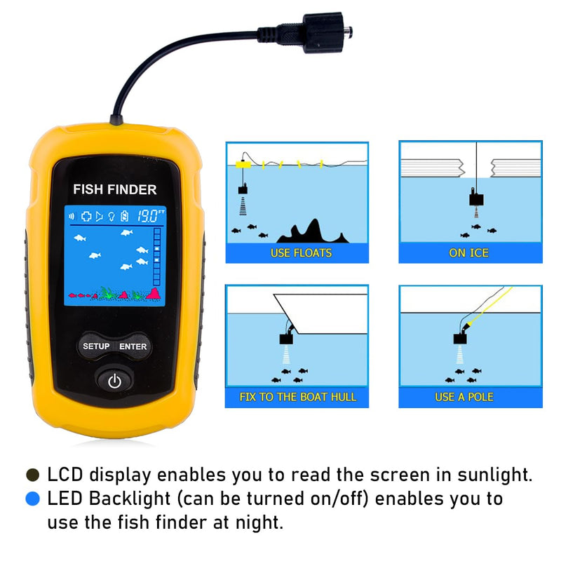 Portable Wired Fish Finder Ice Kayak Fishing Gear Water Depth Finder Handheld Fishfinder LCD Display Sonar Transducer Basic with Water-Resistant Bag