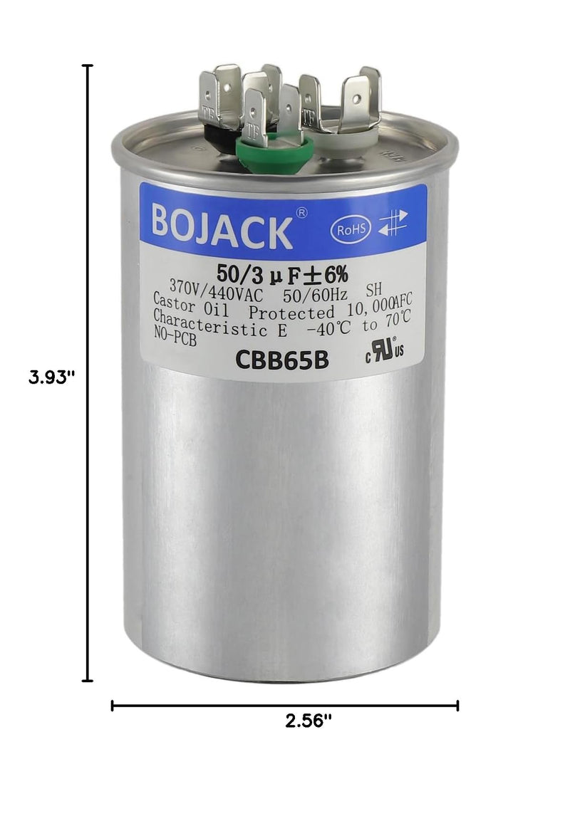 BOJACK 50+3 uF ±6% 50/3 MFD 370/440 VAC CBB65B Dual Run Start Round Capacitor for Condenser Straight Cool or Heat Pump Air Conditioner or AC Motor and Fan Starting