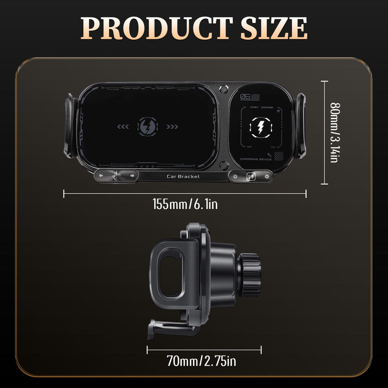 Wireless Charging Rotating Car Mount, 15W Fast Charger with Auto Clamping, One-Click 90° Rotation, 360° Rotation, Anti-Shake Technology, Foldable Phone Fit