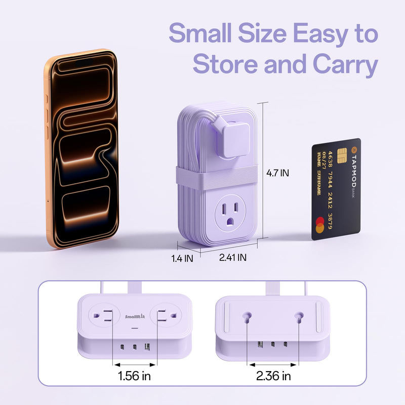 2 Pcs Travel Power Strip, SMALLRT Extension Cord with Multiple Outlets, 3.3FT Wrapped Extension Flat Plug Power Strip with 4 AC Outlets for Travel, Hotel, Cruise Approved, No Surge Protection, Purple 3.3FT-2Pcs
