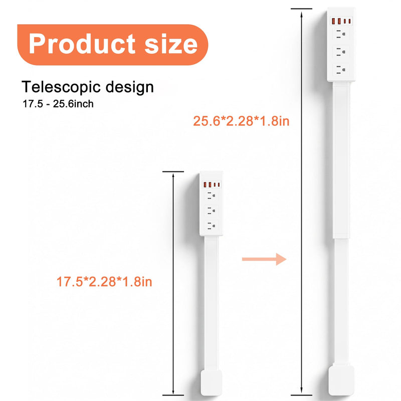 Electrical Outlet Extender Stick, 7-in-1, 360° Rotating, Extends 17.5"-25.6" - (3 AC Outlets, 2 USB-C & 2 USB-A) - for Outlets Behind Sofas, Nightstands, Desks, Office Desks & More