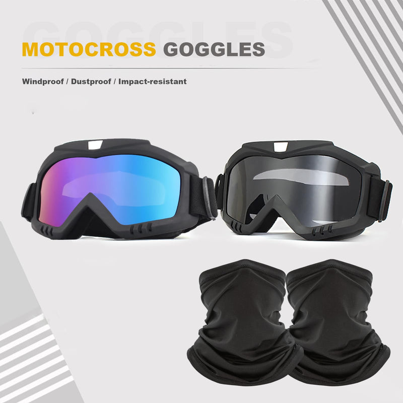 2Pcs Dirt Bike Goggles with Neck Gaiter, Motorcycle Goggles ATV Goggles Riding Ski Racing Goggles Windproof Black Colorful-Clear