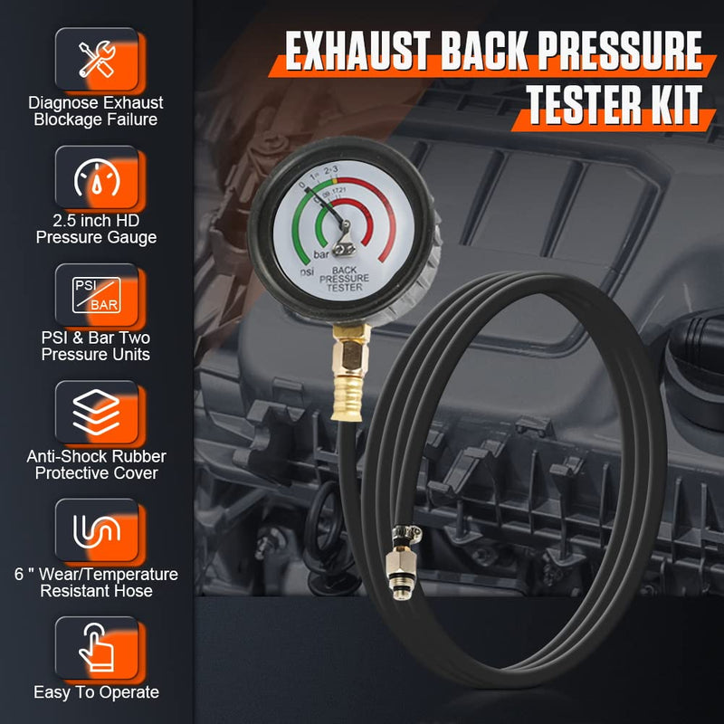 DUOYI Exhaust Back Pressure Tester Kit with 6-Foot Hose,Professional Diagnosis Automotive Exhaust Back Pressure Gauge Kit Shockproof 2.5" HD Gauge,with M12 & M18 Adapter Black